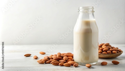 Bottle of almond milk on white background