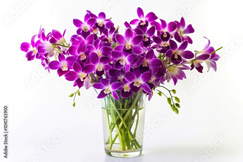 Bouquet of purple dendrobium orchids in clear vase on white background