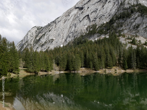 Massif of Bargy and lac Benit near Cluses in Haute Savoie, alpine lake with pine tree forest and mountain cliff in France 