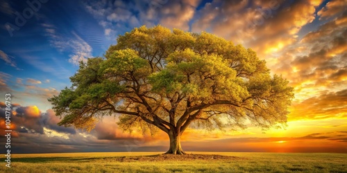 A majestic tree stands tall with its branches stretching up towards the sky under a warm golden glow, view, scenic, outdoors