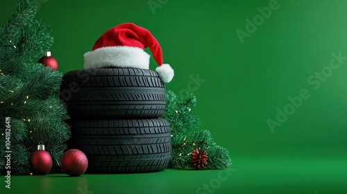 Stacked car tires with Santa hat and holiday decor