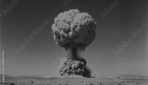 Nuclear explosion towering over desert landscape in the early afternoon light