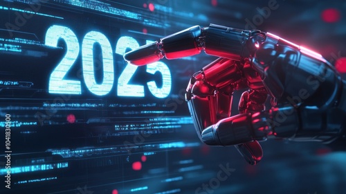 Cybernetic robot finger points to digital 2025