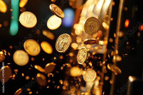 A slot machine with three reels, each of which has the number 7. This symbolizes a winning combination. A lot of gold coins are poured out of the machine,