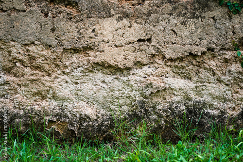 Empty light brown rough cave wall with grass field for abstract background and texture. beautiful patterns, space for work, banner, wallpaper close up.