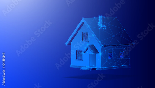 Futuristic house made of glowing blue lines in a polygonal digital style. The wireframe structure symbolizes smart home technology, digital architecture, or real estate innovation. Vector illustration