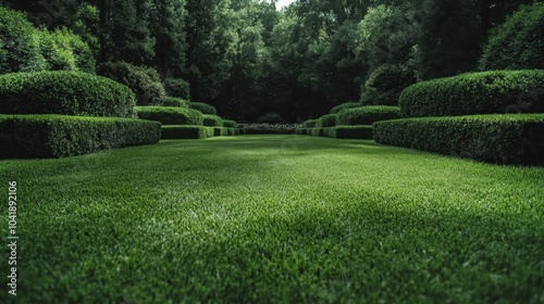 A peaceful symmetrical garden scene with perfectly trimmed hedges, a vibrant green lawn, and surrounded by thick trees creating a serene outdoor sanctuary.