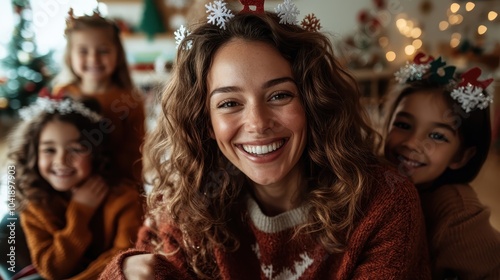 A cheerful woman with curly hair is joyfully surrounded by three children wearing decorative headbands, capturing a lively festive celebration in a warm indoor setting.