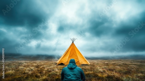 A person sits in front of a small yellow tent in an open grassy field under a dramatically cloudy sky, creating a mood of solitude and adventure.