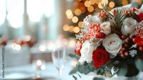 A festive dining table set with a vibrant red and white floral arrangement, surrounded by elegant tableware and soft lighting, creating a celebratory ambiance.