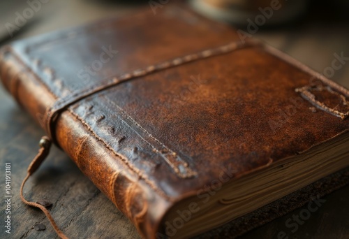 Vintage Leather-Bound Book On Wooden Surface