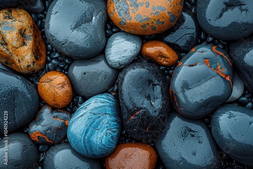 Wet, Smooth, and Colorful Stones on a Beach