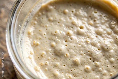 Extreme close-up of sourdough starter batter during fermentation process leavening