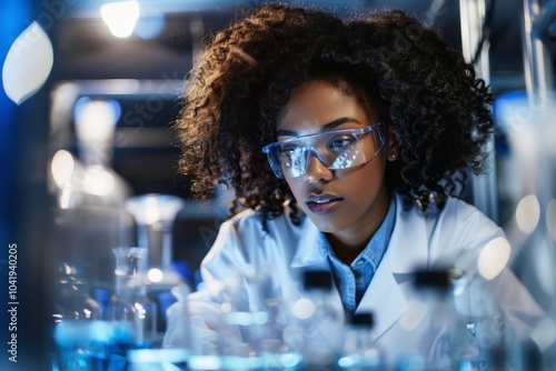 A female scientist in a lab coat conducting an experiment with focused concentration.