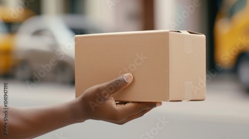 Package delivery interaction: courier handing box to customer for reliable service design.