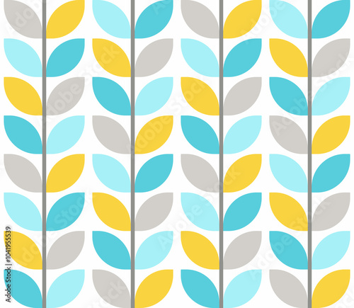 Retro mod leaves pastel teal yellow Raster Pattern. Midcentury style geometric stems seamless pattern.