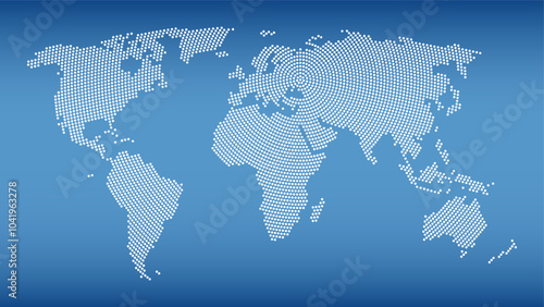 World map with radial dot pattern on steel blue background. White dots going from the center outwards and form the silhouette of the surface of the Earth except Antarctica under Robinson projection.