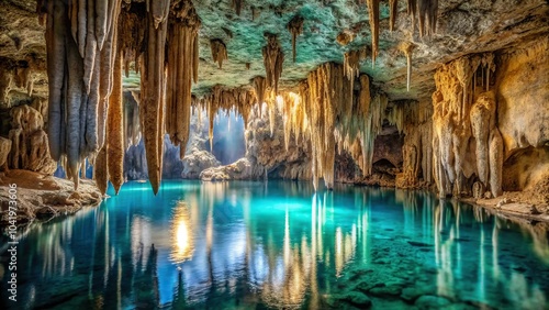 Picturesque cave with hanging stalagmite and turquoise lake