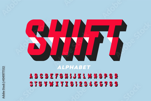 Shift. Modern style 3d alphabet, letters and numbers vector illustration