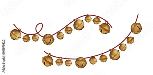 Watercolor golgen jingle bells garland on the rope. Christmas holiday bronze sleigh bells handing for christmas greeting.