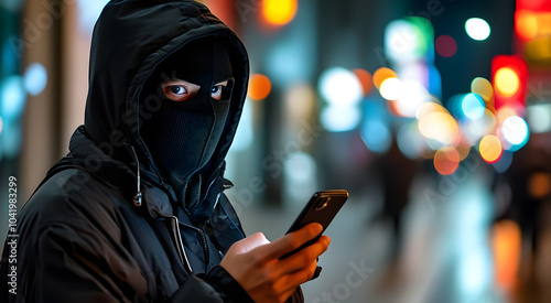 A bandit with a phone in his hands. Phone fraud. Cybercrimes. The concept of a secure Internet network and communication.