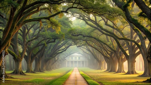 Silhouette of trees in plantation alley during misty morning