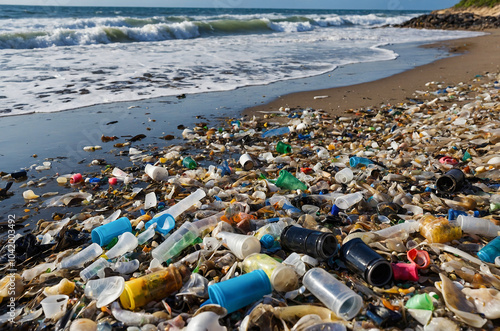 Plastic waste scattered across a polluted beach, with waves washing over the debris