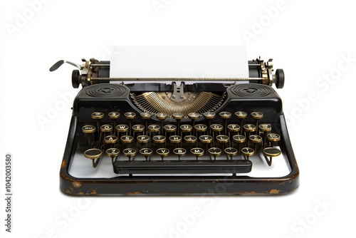 A classic typewriter, isolated on white, with keys visible and a paper sheet loaded