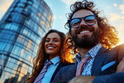 Two smiling professionals take a selfie with a modern cityscape, capturing a sense of ambition, success, and the vibrant life of the urban business world.