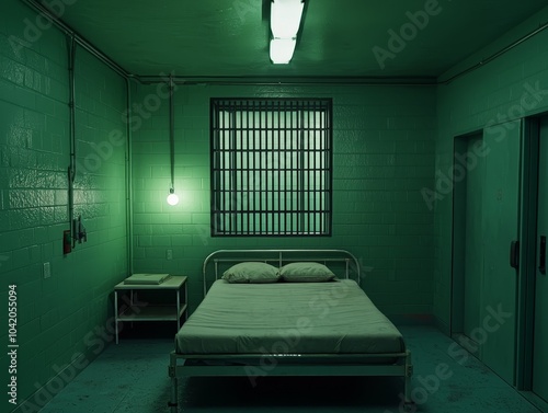 Somber Confinement Bleak Prison Cell Interior with Green Bed, Bars, and Despairing Mood