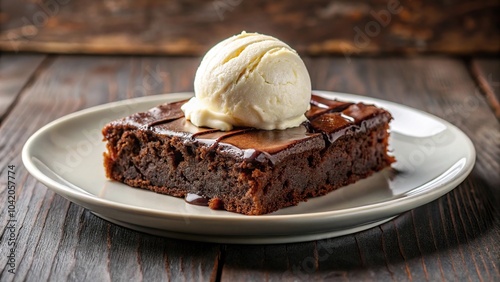 Plate with chocolate brownie and vanilla ice cream