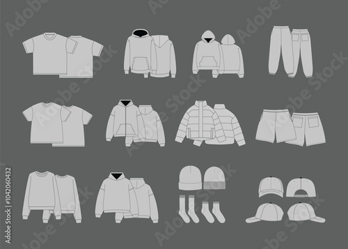 Streetwear Mockup Pack Template Bundle – Editable Vectors for Clothing Designers Collection of various clothing items including t-shirts, hoodies, jackets, pants, shorts, beanies, and caps flats