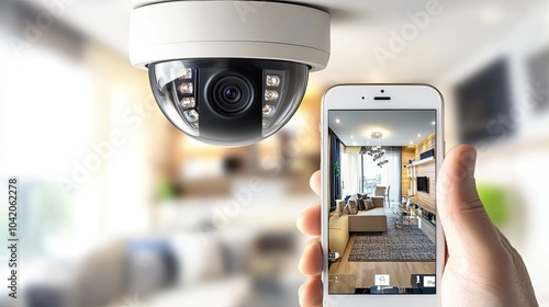 A close-up of a wireless CCTV camera installed in a smart home, integrated with mobile phone technology for real-time monitoring.