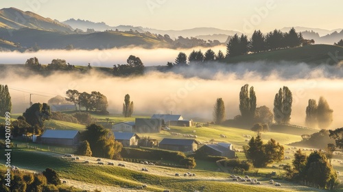 A village in New Zealand where rolling hills and sheep are abundant