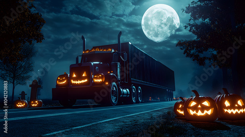 Cargo truck carrying shining carved Halloween pumpkins on the road next to the graveyard at midnight with full moon shining. Concept of cargo, shipping, logistics, delivery and Halloween celebration.