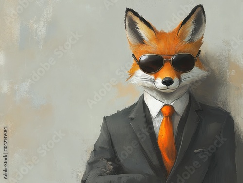 A stylish fox in sunglasses wears a suit and tie, exuding confidence against a muted background.