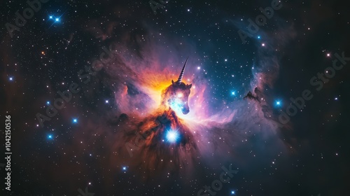 A unicorn-shaped nebula glowing brightly in the night sky, with stars twinkling around it