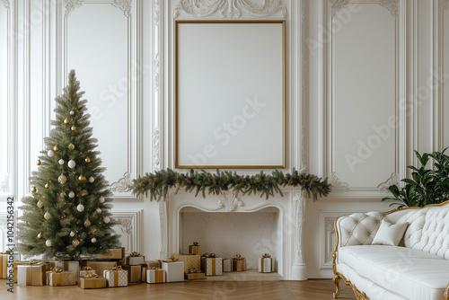 Classic Christmas Room Setting with a Green Tree, Wrapped Presents, and a Blank Frame Above a Fireplace