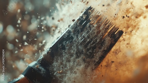 A dramatic lighting shot of clippers in action, with hair falling in slow motion to emphasize the army haircut process.