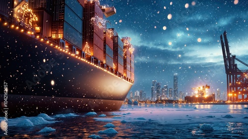 Cargo ship carrying containers in a winter port with snow and holiday lights at dusk