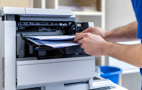 Technician hand open cover photocopier or photocopy to fix repair copier problem paper jam and replace toner cartridges for scanning fax or copy document in office workplace concept of service support