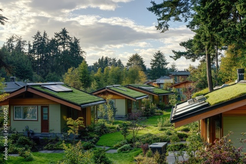 A quiet suburban neighborhood with homes featuring green roofs and rainwater collection systems, nestled under a canopy of tall, shading trees.