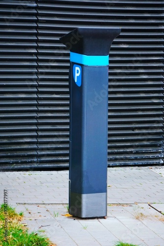 Automat parkingowy zamontowany przy bramie. Parking płatny w mieście.