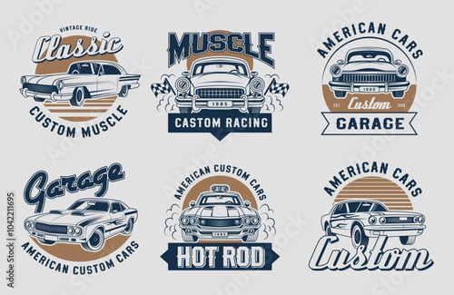 Custom cars. Emblems with muscle cars customizing service mechanic workers recent vector stylized logos set