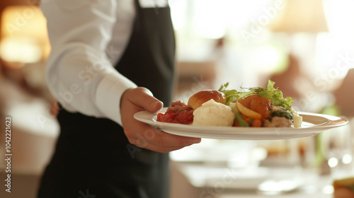 Waiter delivering gourmet dishes to a table in a luxury restaurant