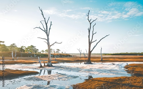 Dry tree in salt marsh. Saltwater intrusion environmental issue