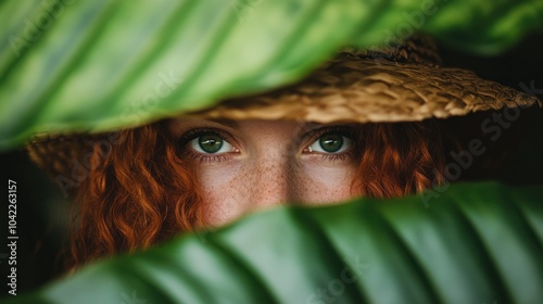 A young woman with curly red hair and striking blue eyes peeks through large green leaves while wearing a straw hat. The tropical background enhances the serene and inviting atmosphere