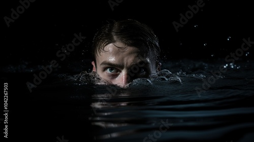 A swimmer's determined eyes emerge just above the water in a dimly lit pool, encapsulating focus and sheer willpower amidst the rippling waves.