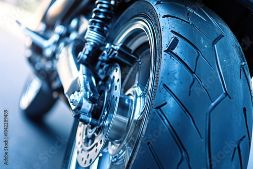 Close-up of motorcycle tire on the road, showcasing worn treads with blurred background of asphalt.