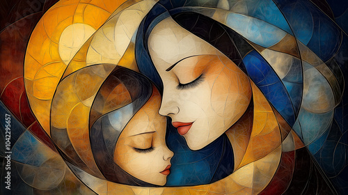 A contemporary abstract depiction of a mother and child in a tender hug, with geometric shapes and vibrant colors. The figures are intertwined in a way that suggests unity and love